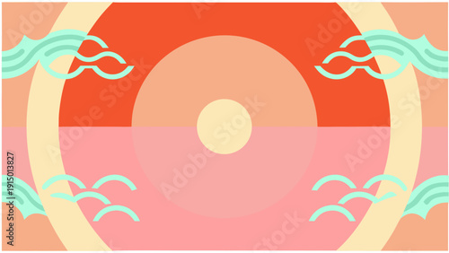 Vibrant abstract sunset composition with ocean waves and circular design elements in pink orange and green hues