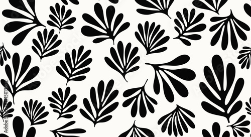 Black and white abstract botanical pattern with stylized leaves scattered on a clean background, creating a modern graphic design.