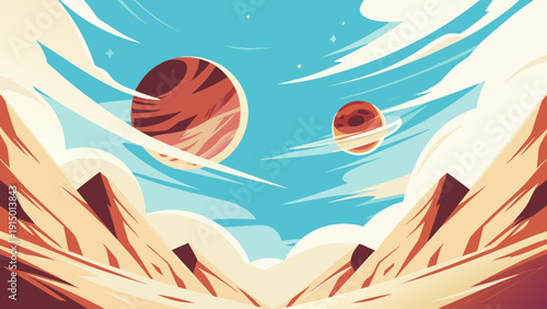 Futuristic space exploration scene with planets and mountains vibrant vector artwork for sci fi themes and cosmic adventures in a digital landscape