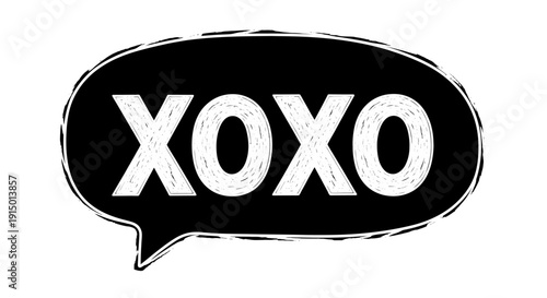 A black speech bubble with a hand-drawn outline containing the white text "XOXO" on a white background.