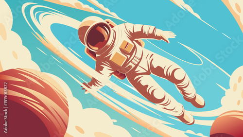 Astronaut floating in zero gravity surrounded by planets and clouds in a vibrant blue space environment with swirling orbits