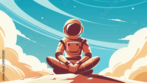 Astronaut meditates calmly in space with stars and clouds serene and peaceful atmosphere vector illustration