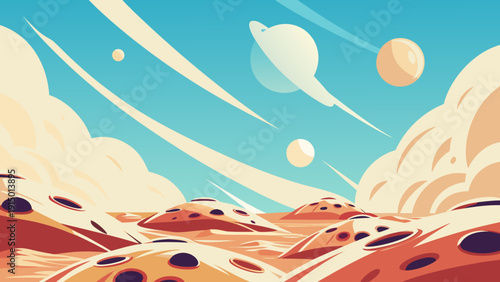 Vibrant alien landscape with flying objects and planets in a colorful desert scene with blue sky