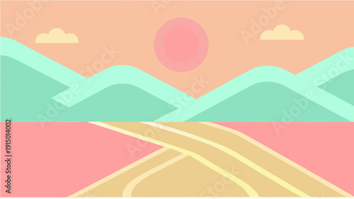 Vibrant mountain valley landscape with winding road at sunset pastel colors serene scenery natural beauty tranquil atmosphere vector illustration