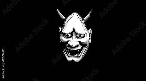 A stark white, detailed illustration of a traditional Japanese demon mask against a deep black backdrop