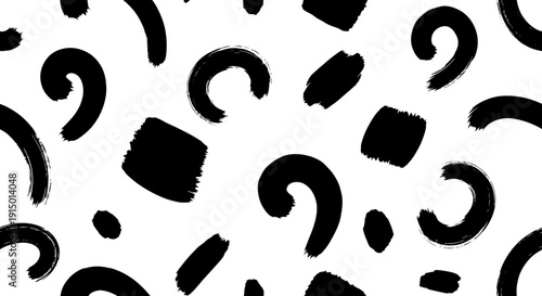 A black and white seamless pattern featuring abstract brush strokes, squiggles, and dashes, evoking a retro 80s or 90s design aesthetic.