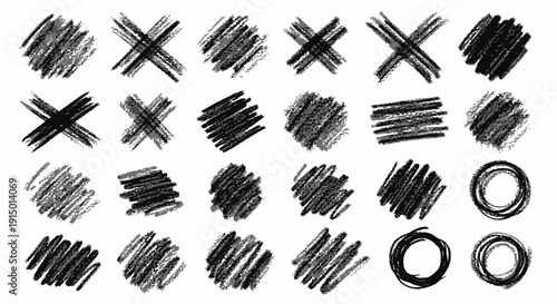 Collection of hand-drawn scribble elements, including crosses, circles, and rectangular shapes, in black on a white background, perfect for graphic design resources.