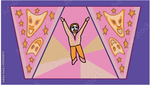 Surreal masked performer jumping in a vibrant patterned environment with moons and stars