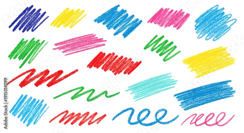 A collection of colorful scribbles and lines drawn with crayons or colored pencils on a white background.