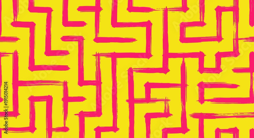 Vibrant pink brushstroke maze pattern on a bright yellow background, creating an abstract geometric labyrinth design.