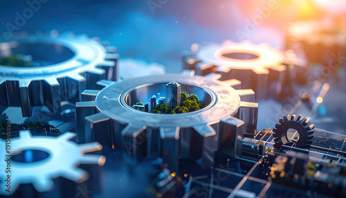 Mechanical gears working together with business model wording, ideal for strategy, consulting, entrepreneurship, and planning themes.