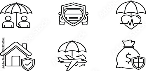 Comprehensive Insurance Services Line Icons Set featuring Life Protection, Car Insurance Shield, Health Coverage, Home Security, Travel Safety, and Financial 