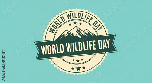 World wildlife day logo with mountains and banner on teal background conservation emblem