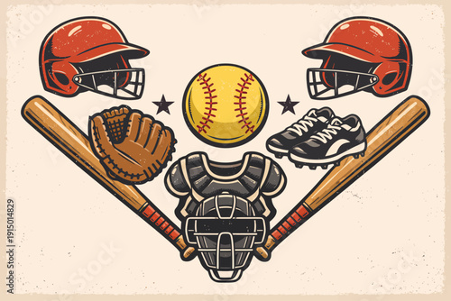 Vintage baseball and softball equipment illustration featuring helmets, bats, ball, glove, and catcher's gear.