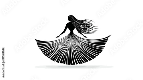 A silhouette of a woman with flowing hair and a long dress is shown on a white background