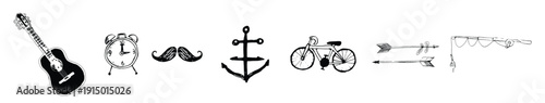 Lifelong Hobbies Icons. Outline icon set of lifelong hobbies, guitar vector. Leisure Icons Grid. Leisure activities. Line icon set of leisure activities: guitar, book, bicycle, Vector illustration.