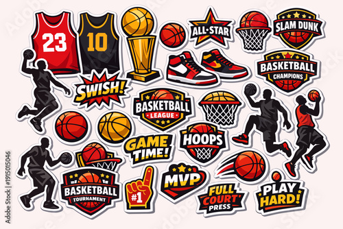 A vibrant collection of basketball-themed stickers and badges featuring players, jerseys, balls, trophies, shoes, and various game elements.