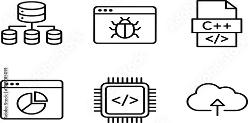 Computer programming and software development icon set, featuring database server, software bug testing, C++ coding file, data analytics chart, processor chip, and cloud 