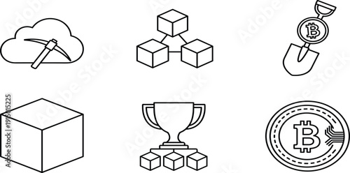 Cryptocurrency Mining Icon Set featuring Blockchain Nodes, Bitcoin Mining Shovel, Cloud Data Storage, Network Security Cubes, and Digital Currency Reward 