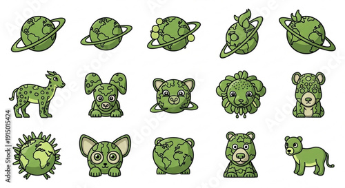Green cartoon animals and planets with eco friendly earth concept for kids education