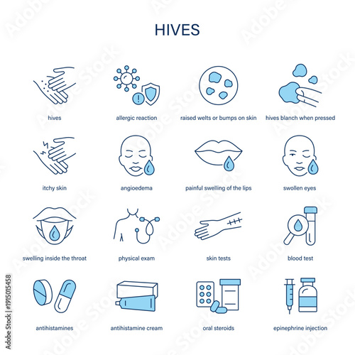 Hives symptoms, diagnostic and treatment vector icon set
