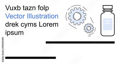 Technology, healthcare, innovation, pharmaceutical development, engineering, connection. Gears and a bottle with minimal text. Technology and healthcare conceptual theme