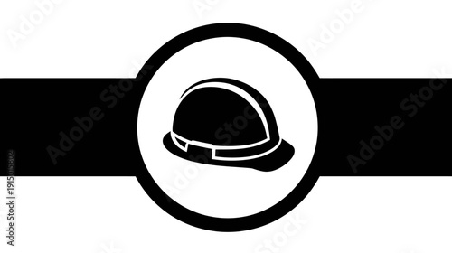 A hard hat illustration within a circle, with a black horizontal bar
