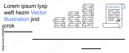 Business, finance, contracts, legal documentation, wealth, and investment. Stacked coin piles and a signed contract paper. Business and finance concepts illustrated with financial growth elements