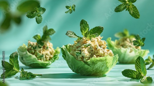 Wallpaper Mural Chicken salad in lettuce cups, pastel mint backdrop, fresh spring aesthetic Torontodigital.ca