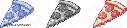 halftone pizza slice icon isolated on white background, colorful vector illustration of fast food pepperoni pizza with dot shading for restaurant, pizzeria, and delivery concepts.