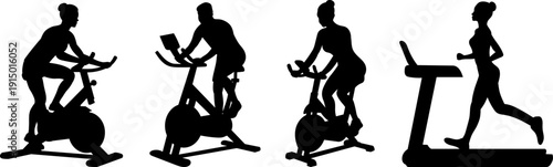 Silhouette of people exercising on an exercise bike, woman running on a treadmill, vector