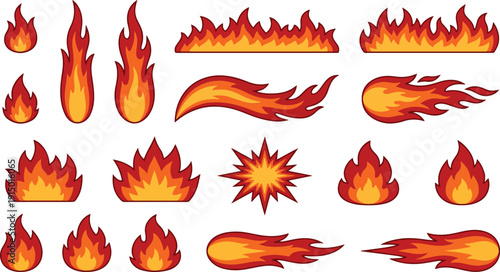 Cartoon fire flames set. Hot bonfire elements, burning effects, hell blaze. Vector symbols for campfire, fireballs or torch