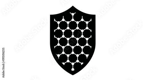 A shield shape, black with a white cellular pattern filling the interior. Hexagonal network