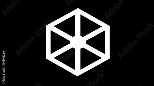A striking, geometric emblem with sharp white lines creating facets on a black background