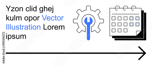 Workflow management, productivity tools, planning, task scheduling, automation, business organization. Gear, wrench calendar timeline with arrow. Workflow management and productivity tools concept