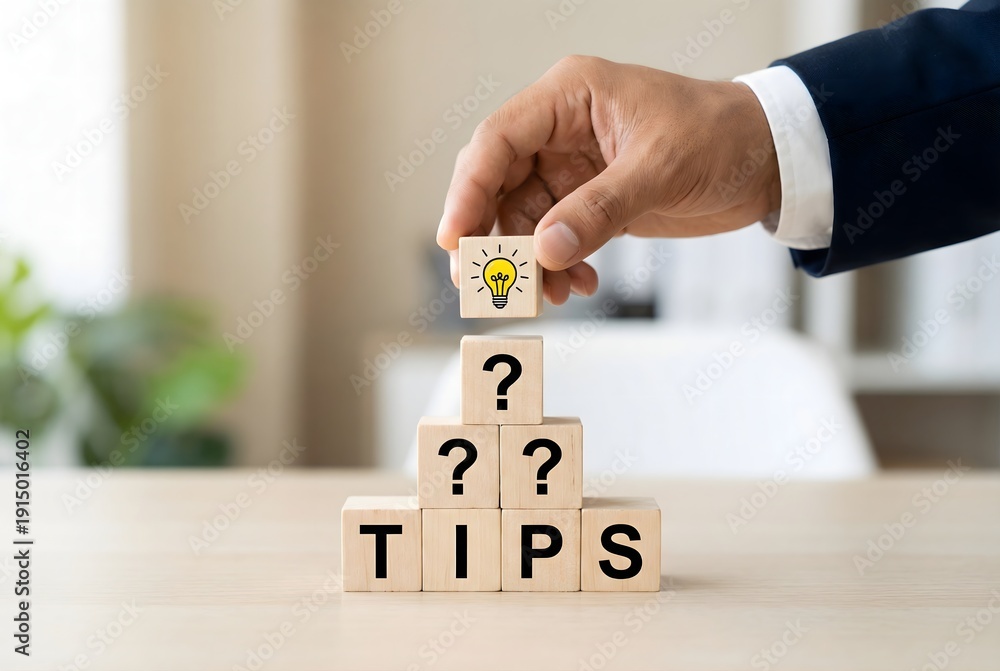 Naklejka premium Businessperson placing a lightbulb block on top of a pyramid of question mark blocks marked tips