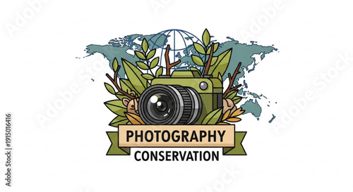 Green camera icon with 'photography conservation' banner and world map background