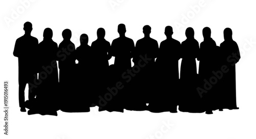 Silhouettes of a unified group standing closely together in formal attire