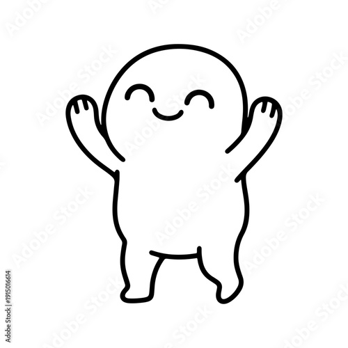 A cute, hand-drawn line art illustration of a joyful character celebrating with arms raised. Perfect for stickers, emojis, and social media icons.