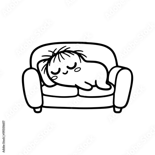 A simple black and white doodle of a cute messy-haired character napping lazily on a sofa. Perfect for stickers, emojis, and social media expressions.