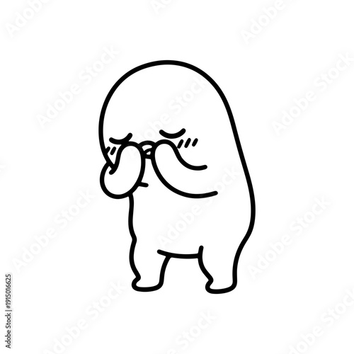 A simple black and white line art sticker of a cute, embarrassed blob character hiding its face with its hands. Perfect for expressing shyness, modesty, or social anxiety.