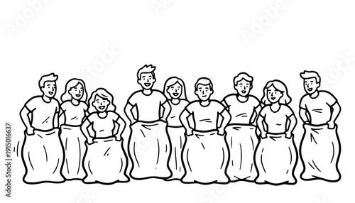 Hand-drawn doodle of a group of young people participating in a traditional sack race game, ideal for event promotion or community activities.