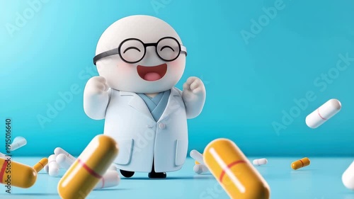 Cheerful Cartoon Character in Lab Coat and Glasses Joyfully Surrounded by Floating Capsules and Pills on Blue Background, Conveying Health and Happiness