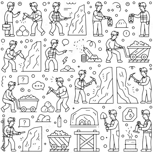 A collection of hand-drawn miner characters and coal mining equipment doodles. Features workers with pickaxes, carts, and drills in a simple line art style for industrial themes.