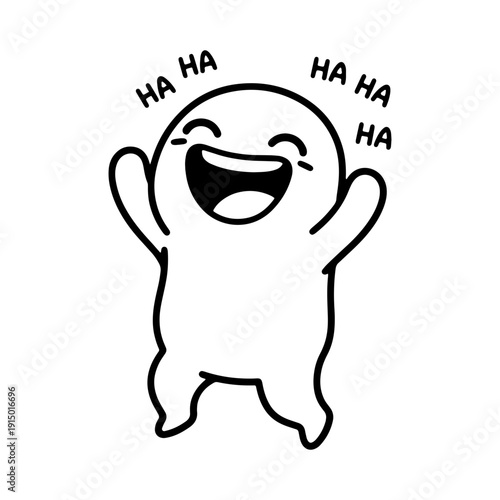 A joyful black and white line art illustration of a happy character laughing out loud with arms raised. Perfect for stickers, emojis, and social media reactions.