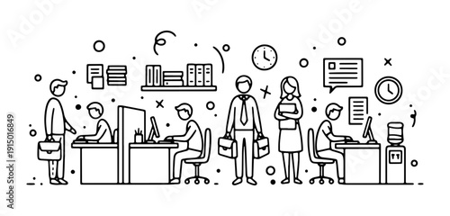 A black and white line art illustration featuring various office workers, employees, and business professionals at their desks in a modern workplace setting.