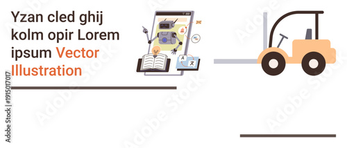 Robotic automation, logistics, AI study, technology education, transportation systems, warehouse operations. Digital robot on screen, book and forklift. Robotic automation and logistics