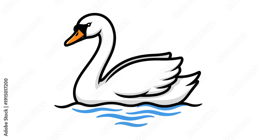 Fototapeta premium Graceful White Swan Floating on Rippling Blue Water Elegant Bird Illustration