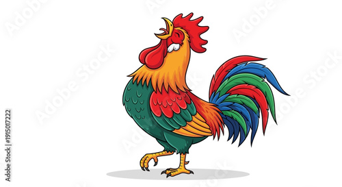 Vibrant Cartoon Rooster Crowing Loudly on White Background Fresh Start Concept