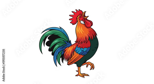 Rooster Crowing at Sunrise Cartoon Illustration for Rural Life and Morning Concepts